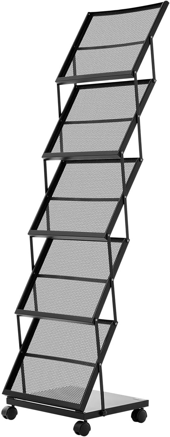 VEVOR Brochure Display Rack, Foldable 5 Pockets Magazine Literature Display Stand, Movable Floor Standing Magazine Rack with Wheels, Metal Newspaper Catalog Holders for Shop Exhibitions Office Show