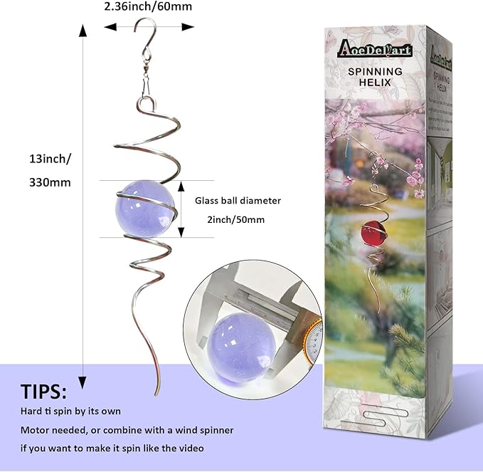 Gazing Ball Spiral Decorative Wind Spinner Tail Sun Catcher 11inch Tail and 2 inch Glass Orb. Indoor Outdoor Garden Decoration Wind Sculptures-13 inch Height (Purple)