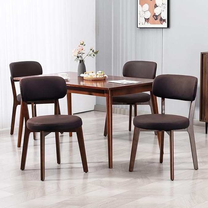 Yilaywain Mid-Century Modern Dining Chairs with Rubberwood Frame, Black Faux Leather Upholstered, 250 LBS Weight Capacity, Anti-Slip Protectors (Brown)