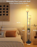 Lightdot 64Inch Floor Lamp with Table Dimmable Black Floor Lamp for Living Room 3 Lights Mid Century Modern Tall Standing Lamp with Fabric Shade for Bedroom/Sofa Beside/Corner Decor(Bulbs Included