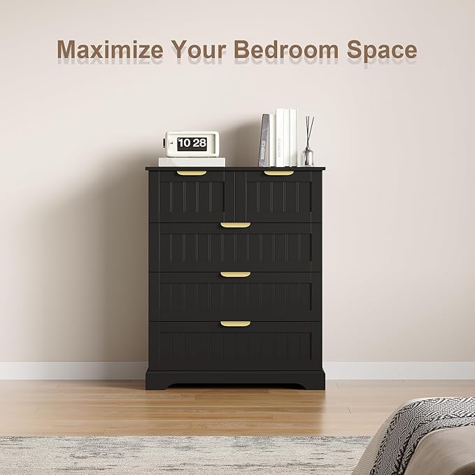 5 Wooden Drawer Dresser for Bedroom Storage, Modern Farmhouse Wood Chest of Drawers with Metal Handles, Wide Storage Cabinet for Closet, Living Room, or Entryway Black