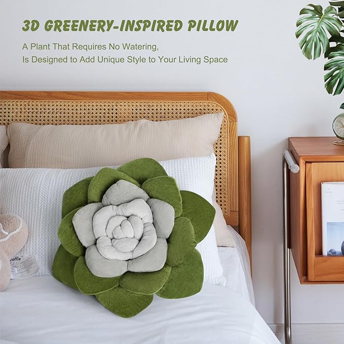 Flower Throw Pillow - 13.8" Plant Shaped Cushion, Soft Plush Decorative Pillow for Bedroom & Living Room, Unique Green Design, Home Decor Accen