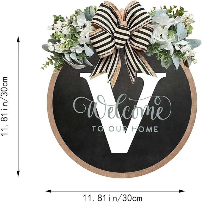Circular Surname Front Door Welcome Sign - 26 Letter House Wreath, Front Porch Decorations, Year-Round Home Decor (V)