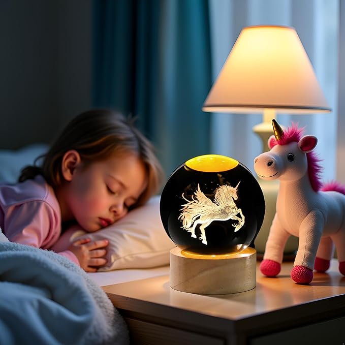 3D Unicorn Crystal Ball with Wooden Light Base Glass Unicorns Figurine Gifts for Women Daughter Lovers for Birthday Valentine's Day Christmas Decor Lamp Paperweight (Diameter 2.36 inches)