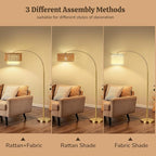 Gold Floor Lamps for Living Room, Arc Floor Lamp with Remote & Dimmable Bulb, Boho Standing lamp with 3 Color Temperatures, Adjustable Rattan & Fabric Shades Tall Lamp, Over Couch Reading Lamp