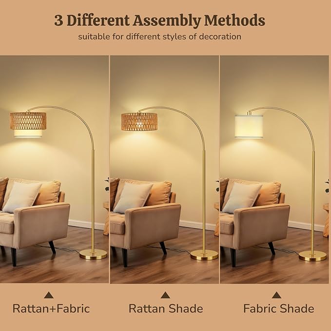 Gold Floor Lamps for Living Room, Arc Floor Lamp with Remote & Dimmable Bulb, Boho Standing lamp with 3 Color Temperatures, Adjustable Rattan & Fabric Shades Tall Lamp, Over Couch Reading Lamp
