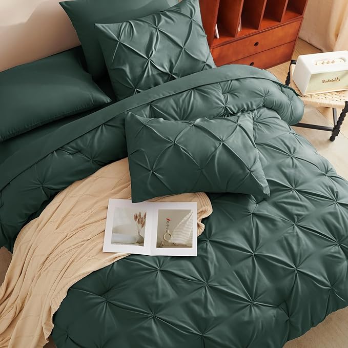 CozyLux King Size Comforter Set Forest Green, 7 Pieces Pintuck Bed in A Bag Green Comforter King Size, Pinch Pleat Bedding Set with All Season Comforter, Sheets, Pillowcases & Shams