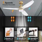 52 Inch Smart Ceiling Fans with Lights and Remote,Dimmable LED Light,Outdoor Indoor Gold White Ceiling Fan,Quiet DC Motor,High CFM 6 Speed,WIFI Alexa App Workable,for Bedroom Living Room Patio