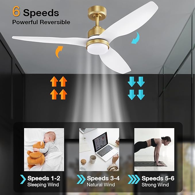 52 Inch Smart Ceiling Fans with Lights and Remote,Dimmable LED Light,Outdoor Indoor Gold White Ceiling Fan,Quiet DC Motor,High CFM 6 Speed,WIFI Alexa App Workable,for Bedroom Living Room Patio