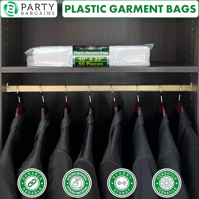 Party Bargains 40x25 Inch Clear Plastic Garment Bags, 50 Pack