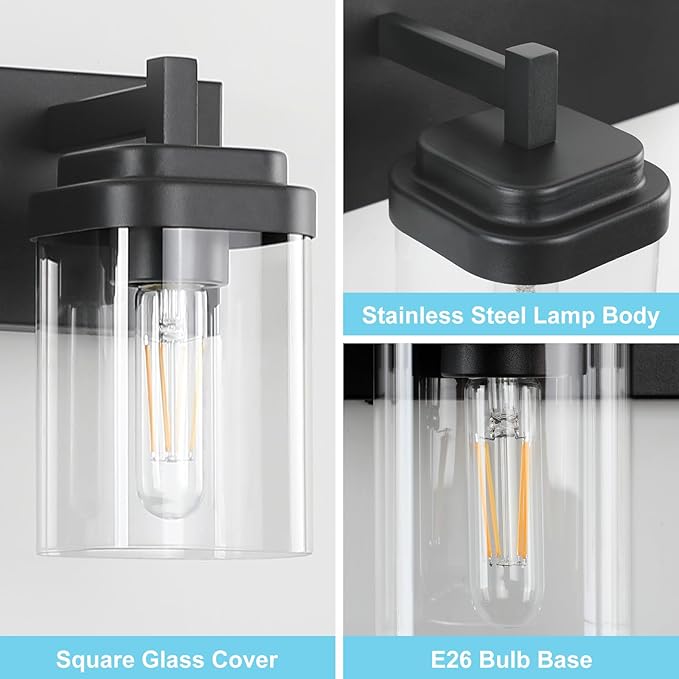 Vanity Light Fixture,2-Light Vanity Light for Bathroom,Matte Black Bathroom Vanity Lighting Over Mirror with Square Clear Glass Shade for Restroom
