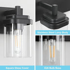 Vanity Light Fixture,2-Light Vanity Light for Bathroom,Matte Black Bathroom Vanity Lighting Over Mirror with Square Clear Glass Shade for Restroom