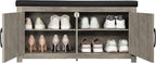 Shoe Storage Bench, 2 Tier Shoe Bench with Padded Seat Cushion & 2 Barn Doors, Entryway Bench with Adjustable Shelf, Farmhouse Shoe Cabinet for Living Room, Bedroom, Greige SB26605BK