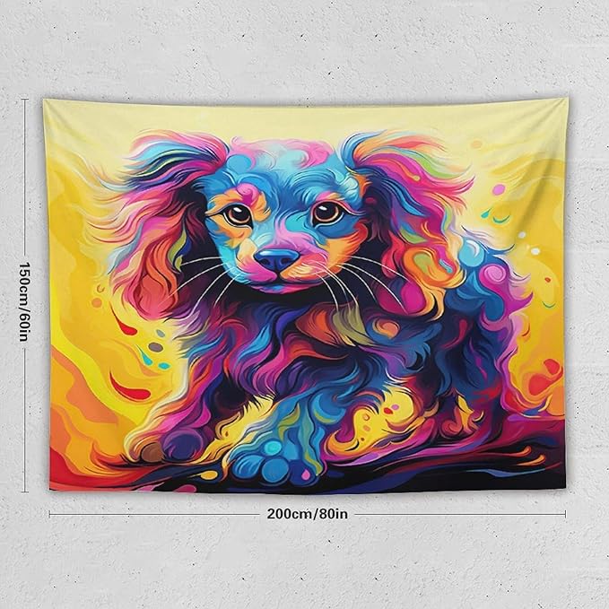VUMIVI Colorful Cute Dog Tapestry Rainbow-Hued Oil Painting Pet-Themed Abstract Art Print Tapestry Wall Hanging for Living Room Bedroom Dorm Classroom Aesthetic Decor W80xL60in