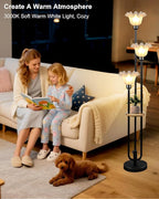 Flower Floor Lamp for Living Room, Dimmable Vintage Floor Lamp with Shelf &3 LED Bulbs, 3 Light 3000K Soft Warmwhite Mid Century Black Standing Lamp, Floral Tall Lamp for Bedroom Office