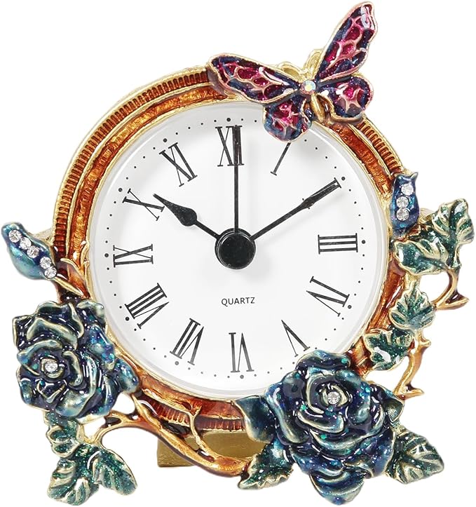 Mini Tabletop Clock, Decorative Vintage Floral Metal Table Clock with Battery Operated for Bedside, Table, Living Room, Home and Office