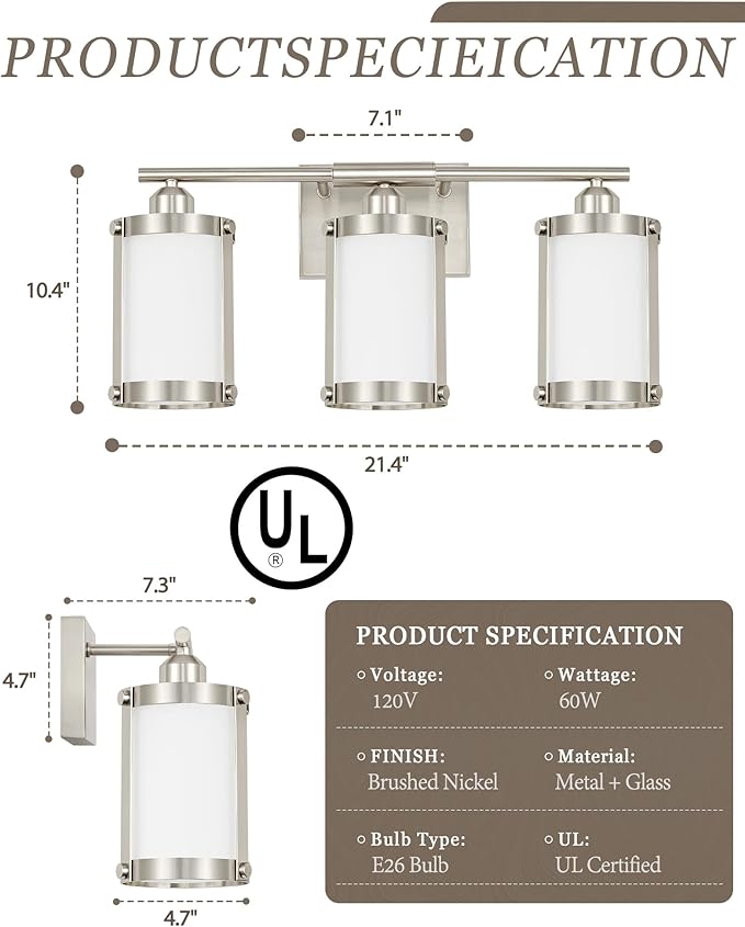 3-Light Brushed Nickel Bathroom Light Fixtures with Milk Frosted Glass, 21" Modern Bathroom Vanity Lighting Fixtures Over Mirror with Metal Cage, Wall Sconce Lights for Bath, E26, OS-3014BNW-3W
