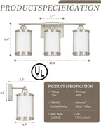 3-Light Brushed Nickel Bathroom Light Fixtures with Milk Frosted Glass, 21" Modern Bathroom Vanity Lighting Fixtures Over Mirror with Metal Cage, Wall Sconce Lights for Bath, E26, OS-3014BNW-3W