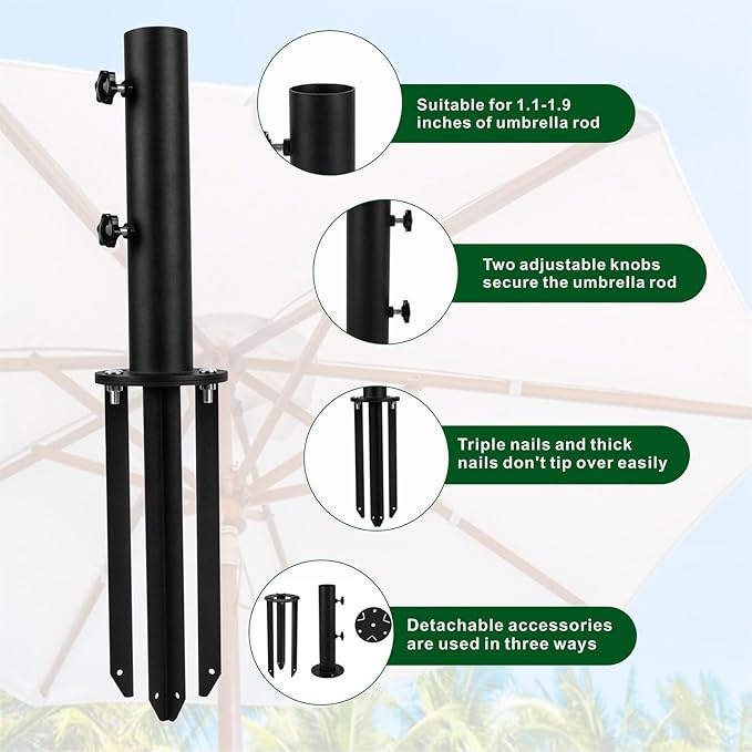 Patio Umbrella Stand Base,Heavy Duty Outdoor Umbrella Holder with 3 Ground Spikes for Stability, Umbrella Holder Base for Beach, Deck, Lawn, Garden,Concrete