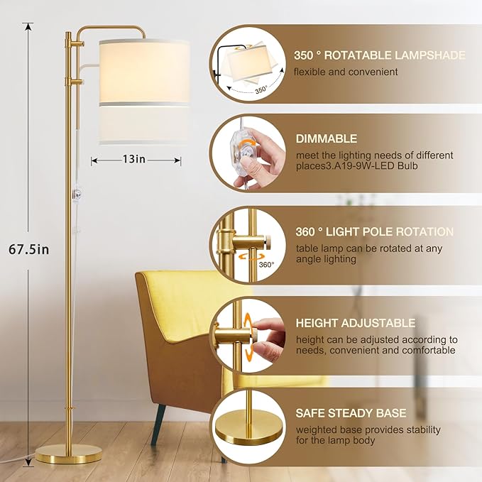 GyroVu Floor Lamp for Living Room, Adjustable Height Standing Lamps with 350° Rotate White Lampshade, 67.5-Inch Modern Tall Lamp Dimmable Floor Lamps for Corner Bedroom Home Office (Bulb Included)