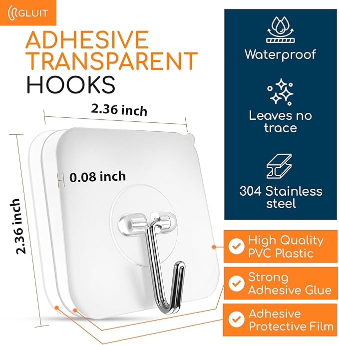 GLUIT Adhesive Wall Hooks for Hanging Heavy Duty 22 lbs Hooks for Walls No Damage, Towel Sticky Clear Hook, Waterproof, Home, Bathroom, Kitchen, Office, and Outdoor 6 Pack