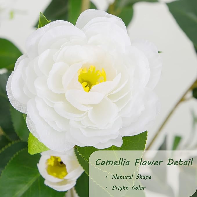 Bellacat 4ft Artificial Camellia Tree with Silk White Flowers, 48in Faux Camellia Plant with Lifelike Trunk, Fake Flower Tree Potted Front Door Plants for Porch Patio Deck Living Room Decor, 2Pack