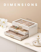 Lolalet Jewelry Box Organizer, 3-Layer Jewelry Organizers and Storage Case with Glass Lid, Ring Earring Bracelet Necklace Holder Organizer, Birthday Valentine Gifts for Women Girls -3Layer, Beige