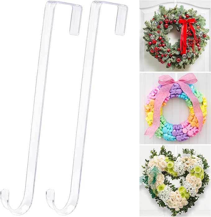 15" Clear Wreath-Hanger Non Scratch Over The Door Hooks,2 Pack Wreath-Door-Hanger Easter Halloween Christmas Decoration,Welcome Sign for Front Door Décor Inside Outside,Slim Hangers Organizer for Home