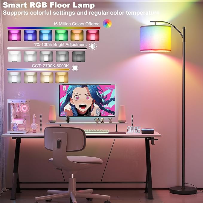 SUNMORY ARC Floor lamp, Smart APP Remote Control Standing Floor lamp with RGB Bulb, Tall Lamp with Hanging Lampshade, Dimmable Floor Lamp, Modern Floor Lamps for Living Room, Bedroom, Office
