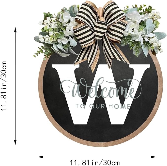 Circular Surname Front Door Welcome Sign - 26 Letter House Wreath, Front Porch Decorations, Year-Round Home Decor (W)