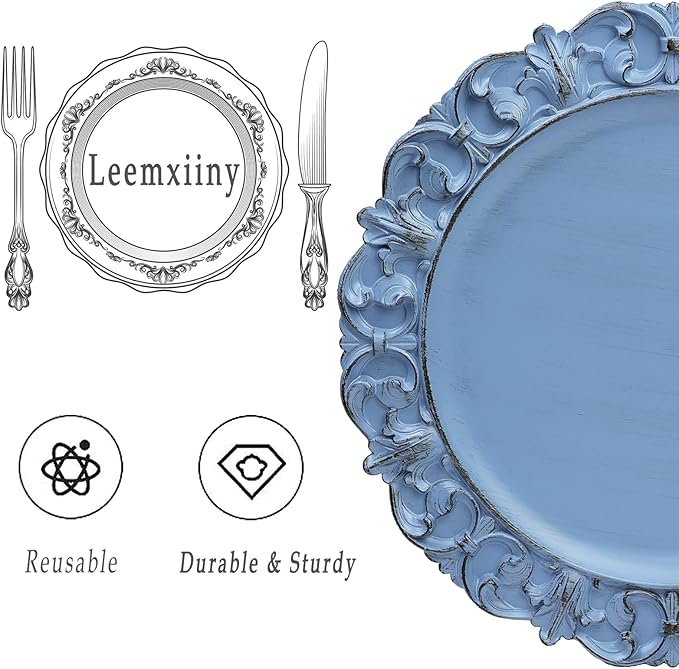 13" Antique Blue Charger Plates, Set of 6 Plastic Textured Chargers for Dinner Plates with Embossed Rim, Table Décor, Party, Wedding, Holiday