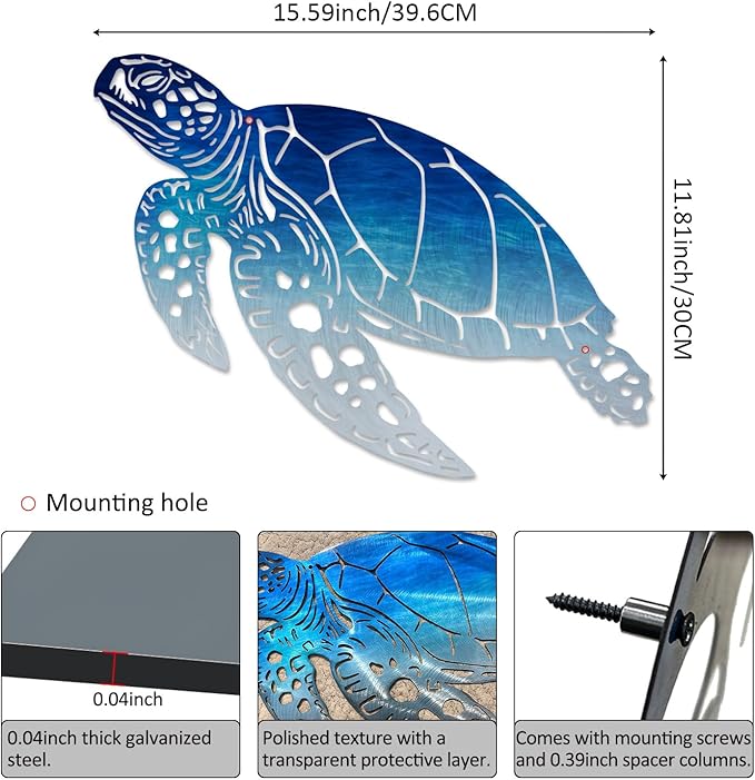 LiveInUrban Coastal Wall Art Sea Turtle Metal Wall Sculptures, Ocean Beach Themed Metal Hanging Home Decoration 15.6"x11.8"