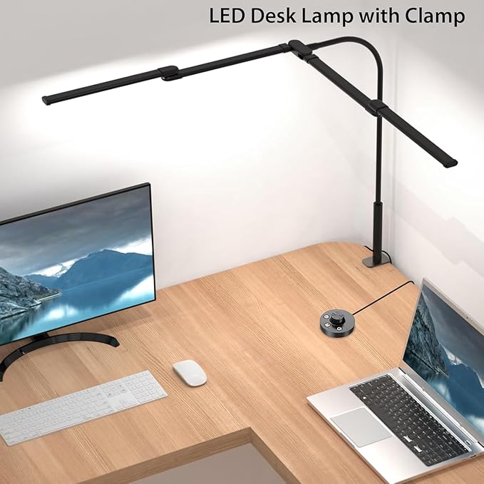 Desk Lamp, Clamp Desks Lamps for Home Office, 24W Flexible Gooseneck Table Lamp, 10 Color Modes & Brightness Eye-Caring Desk Light w/USB Adapter (12V2A Black)