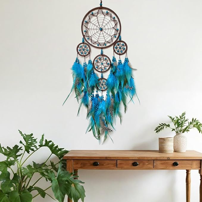 Large Dream Catcher Wall Decor Blue Dream Catchers with Wooden Bead Handmade Feather Dreamcatcher Wall Hanging Ornament for Bedroom Living Room Home Decor