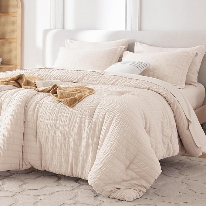MUXHOMO 5 Pieces Twin XL Comforter Set, Seersucker Bed in a Bag Twin XL Size, All Season Luxury Bedding Set with Comforter, Flat Sheet, Fitted Sheet, Pillowcase & Sham, Beige