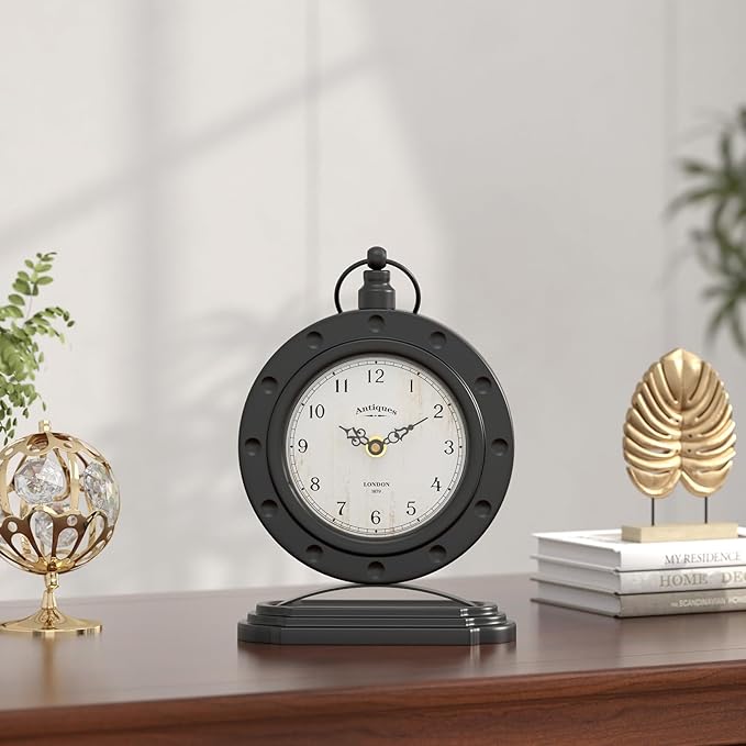 Vintage Table Clock, Desk and Shelf Mantel Clock, Antiques London Style Black Decor Clocks, for Farmhouse, Living Room, Bedroom, Bedside, Gift (8.8" H x 6.3" W)