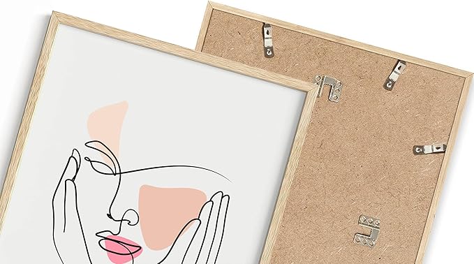 Aesthetic Face Wall Art Hands on Cheeks Continuous Line Drawing Abstract Pink Shapes 11x14 Inch Oak Wood Beige Framed Modern Portrait for Bedroom Vanity
