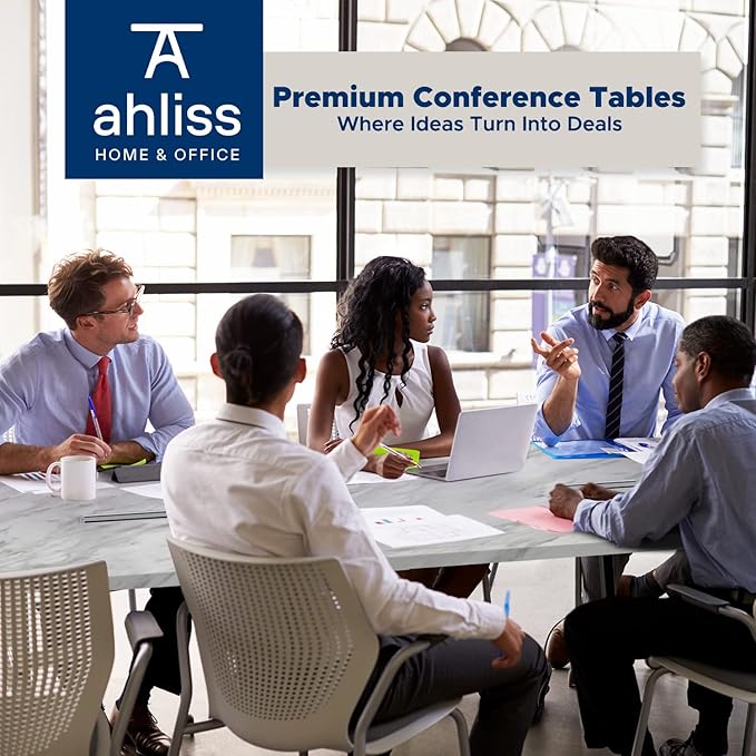 Sturdy Conference Table with Cable Management Grommets Modern Rectangle Office Meeting Table with Wood Tabletop and Metal Frame & Legs- Easy Assembly Boardroom Table (White Marble, 10 Foot)