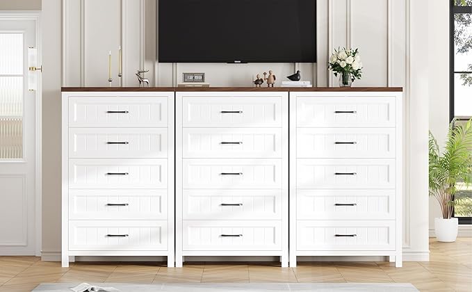 5 Drawer Dresser for Bedroom - Farmhouse 44.9" Tall Chest of Dresser with Large Storage, Rubst Wood Construction for Living Room, Hallway & Entryway - White (White & Brown)