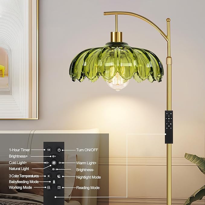 Gold Floor Lamps for Living Room Vintage Green Floor Lamp with Remote Control & Glass Lampshape,Dimmable Mid Century Modern Standing Lamp Tall Flower Lamp Brass Floor lamp for Bedroom Corner