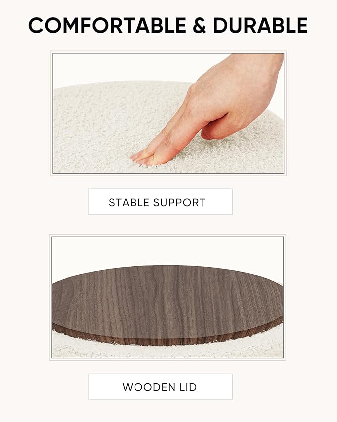 Round Ottoman with Storage, Boucle Foot Rest Stool with Reversible Tray Lid, Folding Teddy Ottoman Coffee Table for Dorm Living Room Bedroom Entryway, White,13" x 13" x 13.8"