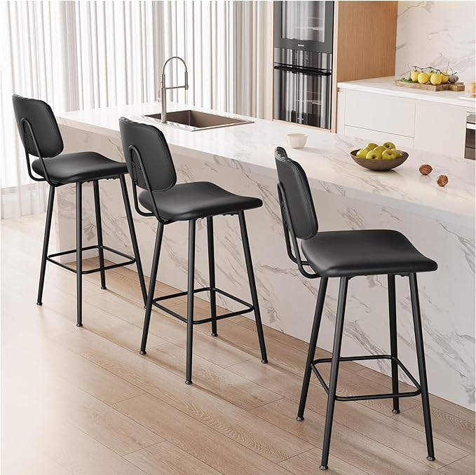 29-Inch Leather Bar Stools Set of 3, Counter Height Barstools with High Backrest，Bar Chairs for Kitchen Island with Heavy Duty Metal Legs, Black