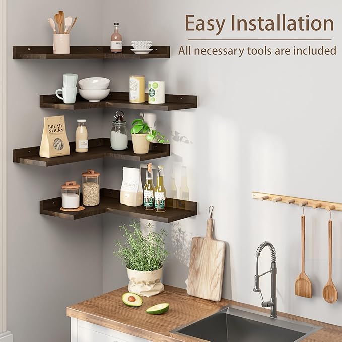 Floating Corner Shelves Set of 4, Rustic Pine Wooden Floating Corner Wall Shelf for Wall Décor Storage, L Shaped Corner Shelf Wall Mount For Bedroom, Living Room, Bathroom, Kitchen, Dark Brown.