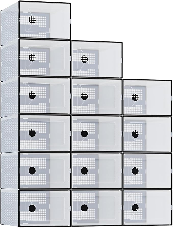 DUMOS Clear Shoe Storage Boxes, 15-Pack Plastic Stackable Shoe Containers with Lids, Display Sneaker Case Organizer for Closet, Under Bed, Entryway,Black (Fit Size 9)