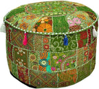 Aakriti Gallery Indian Pouf Footstool Ethnic Embroidered Pouf Cover - Cotton Round Pouffe Ottoman - Green, 22x14