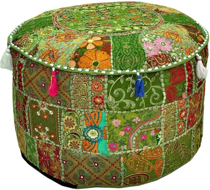 Aakriti Gallery Indian Pouf Footstool Ethnic Embroidered Pouf Cover - Cotton Round Pouffe Ottoman - Green, 22x14