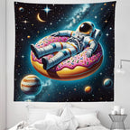 Ambesonne Funny Astronaut Tapestry Queen Size, Spaceman Floating on a Donut Through the Galaxies Planets Moon, Wall Hanging Bedspread Bed Cover Wall Decor, 88" X 88", Petrol Blue Pink Orange