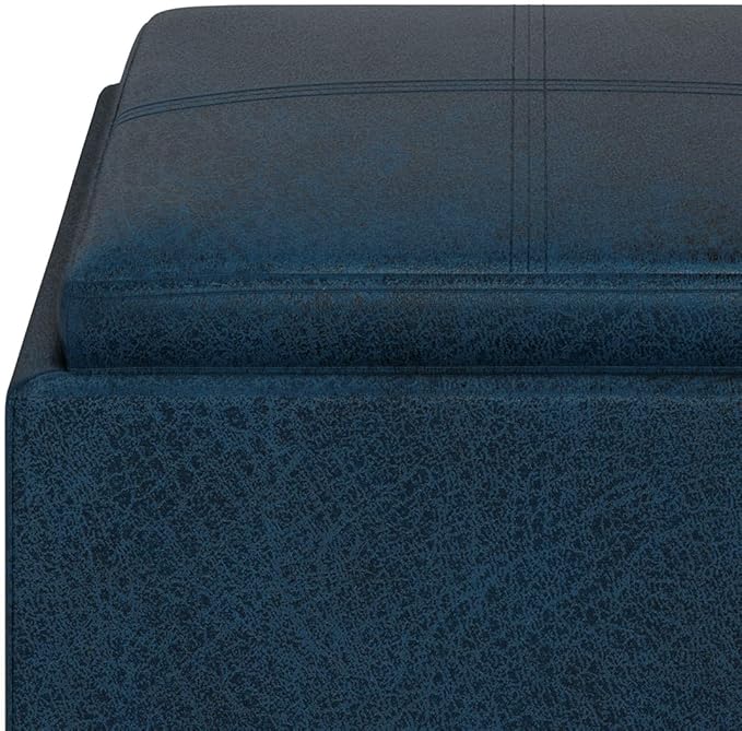 SIMPLIHOME Rockwood Cube Storage Ottoman with Tray - 17 inch Wide Upholstered Vegan Leather Square Storage Ottoman in Distressed Dark Blue, Contemporary Cube Ottoman for Living Room with Serving Tray