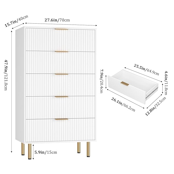 GarveeHome 5 Drawers Dresser for Bedroom, Fluted Dresser Chest of Drawers with Handle, Wood Modern Dressers for Closet, Bedroom Furniture Storage Organizer for Living Room, Hallway