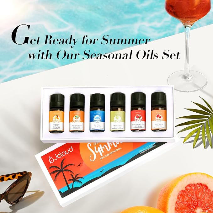JCLOUD Summer Fragrance Oils Set | Hotel Diffuser Oil & Home Luxury Scents - Gift Set of 6 Summer Essential Oil for Diffusers for Home, Fresh Citrus, Tropical Fruity & Clean Aquatic, 6x10mL